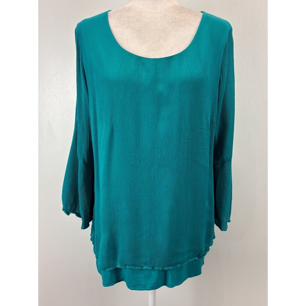Soft Surroundings M Teal Green Blouse Layered Bell Sleeve Crepe Stretch Top